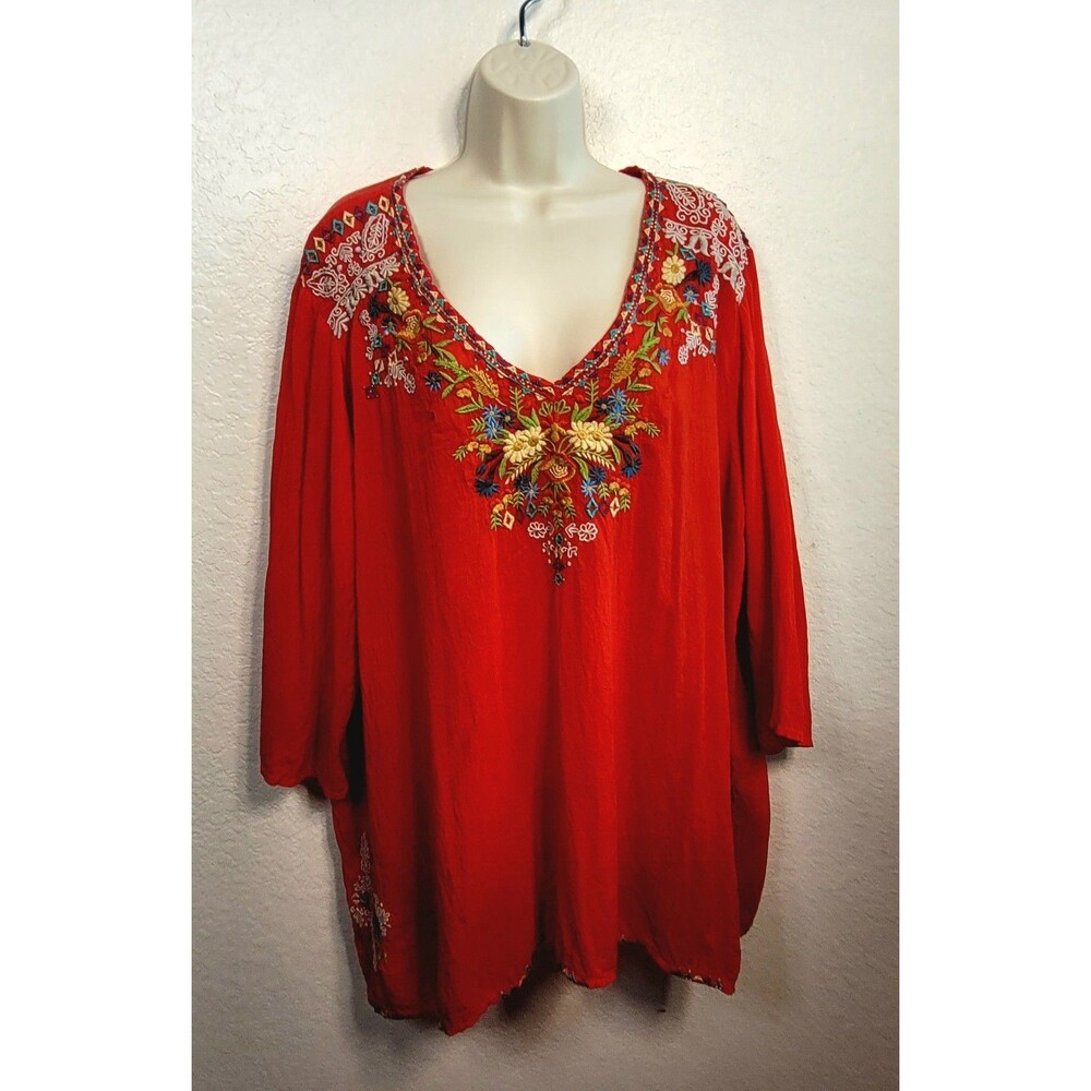 JOHNNY WAS 3x RED FLORAL Embroidered V-Neck Tunic Blouse Top